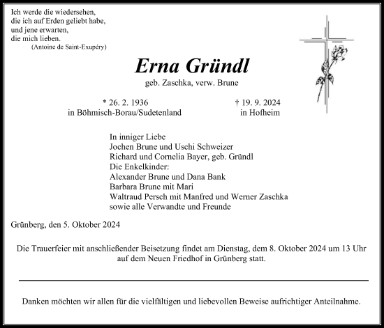 Traueranzeige von Erna Gründl von Giessener Allgemeine, Alsfelder Allgemeine