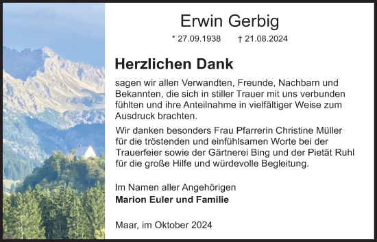 Traueranzeige von Erwin Gerbig von Lauterbacher Anzeiger