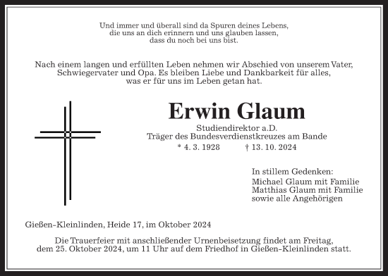 Traueranzeige von Erwin Glaum von Giessener Allgemeine, Giessener Anzeiger, Alsfelder Allgemeine