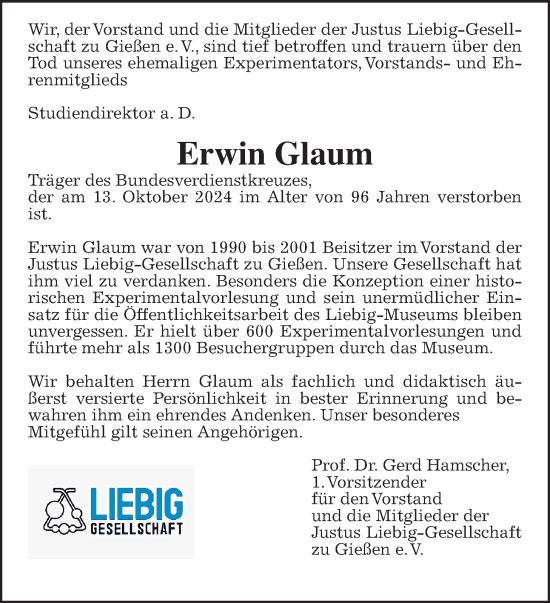 Traueranzeige von Erwin Glaum von Giessener Anzeiger, Giessener Allgemeine, Alsfelder Allgemeine