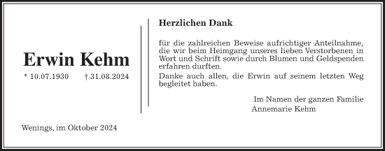 Traueranzeige von Erwin Kehm von Kreis-Anzeiger
