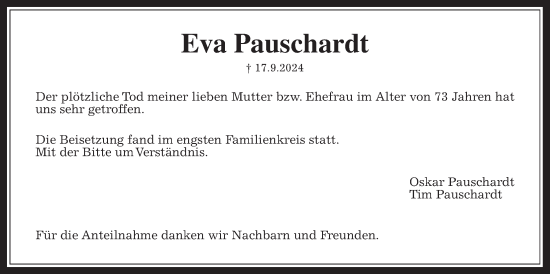 Traueranzeige von Eva Pauschardt von Wetterauer Zeitung