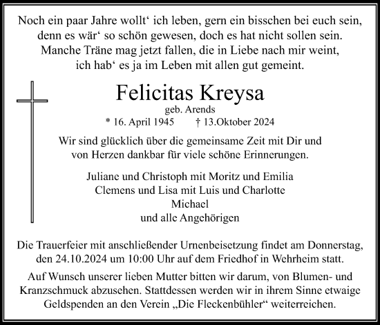 Traueranzeige von Felicitas Kreysa von Usinger Anzeiger, Usinger Anzeigenblatt