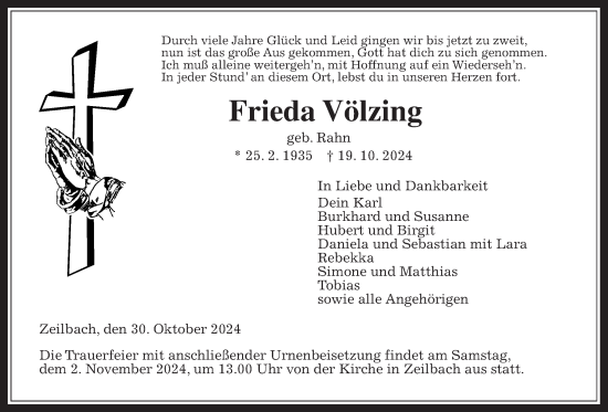 Traueranzeige von Frieda Völzing von Oberhessische Zeitung