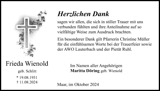 Traueranzeige von Frieda Wienold von Lauterbacher Anzeiger
