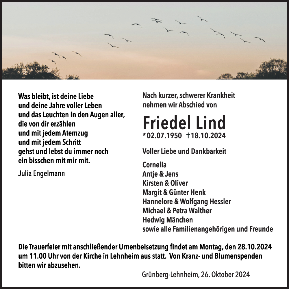  Traueranzeige für Friedel Lind vom 26.10.2024 aus Giessener Anzeiger, Giessener Allgemeine, Alsfelder Allgemeine