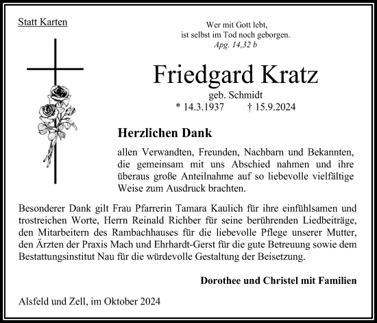 Traueranzeige von Friedgard Kratz von Oberhessische Zeitung