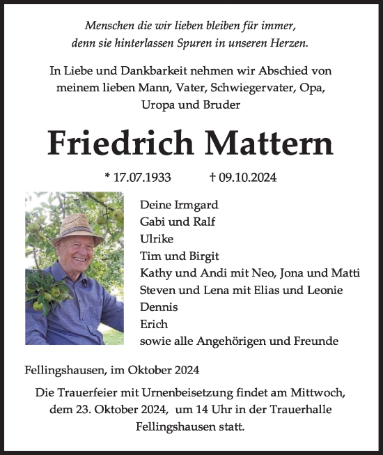 Traueranzeige von Friedrich Mattern von Giessener Allgemeine, Alsfelder Allgemeine