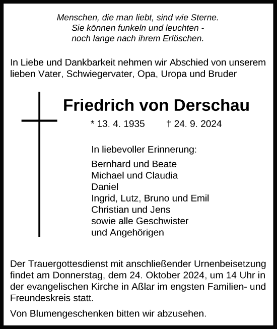 Traueranzeige von Friedrich von Derschau von Giessener Allgemeine, Alsfelder Allgemeine
