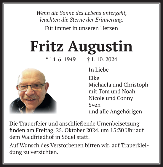 Traueranzeige von Fritz Augustin von Wetterauer Zeitung