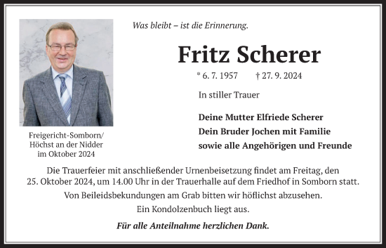 Traueranzeige von Fritz Scherer von Kreis-Anzeiger