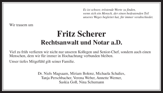 Traueranzeige von Fritz Scherer von Kreis-Anzeiger