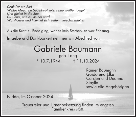 Traueranzeige von Gabriele Baumann von Kreis-Anzeiger