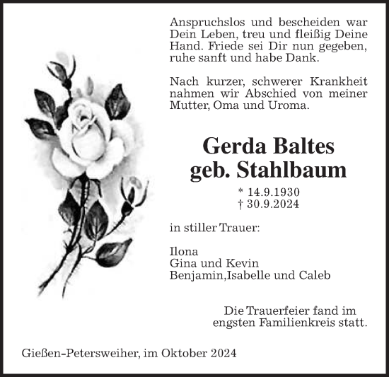 Traueranzeige von Gerda Baltes von Giessener Anzeiger