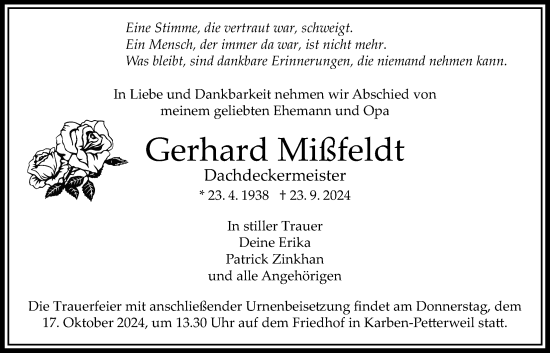 Traueranzeige von Gerhard Mißfeldt von Bad Vilbel/Karben
