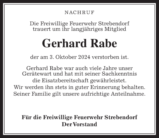 Traueranzeige von Gerhard Rabe von Oberhessische Zeitung