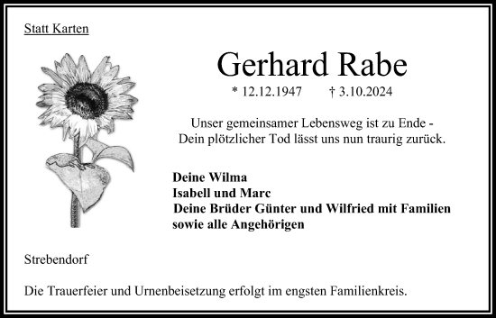 Traueranzeige von Gerhard Rabe von Oberhessische Zeitung