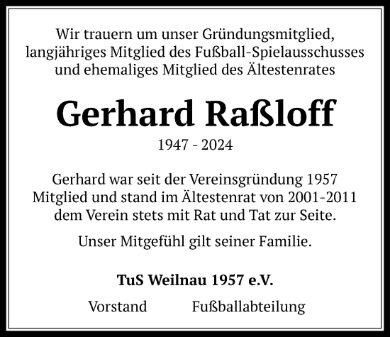 Traueranzeige von Gerhard Raßloff von Usinger Anzeiger
