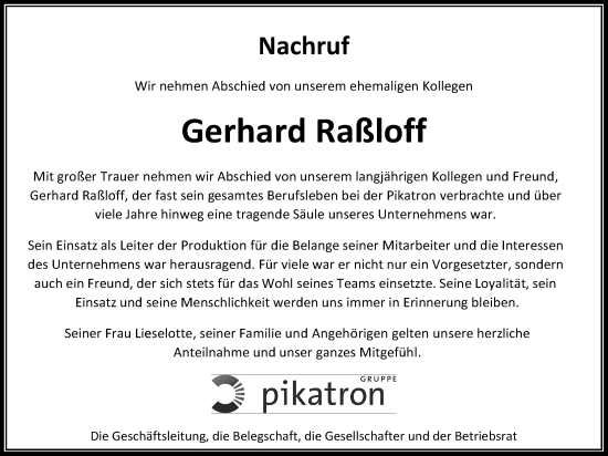 Traueranzeige von Gerhard Raßloff von Usinger Anzeiger