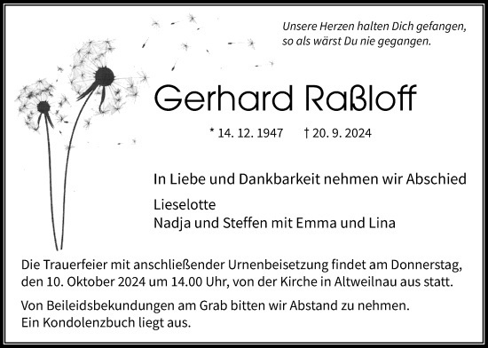 Traueranzeige von Gerhard Raßloff von Usinger Anzeiger, Usinger Anzeigenblatt