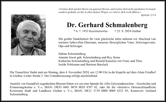 Traueranzeige von Gerhard Schmalenberg von Giessener Allgemeine, Alsfelder Allgemeine, Giessener Anzeiger