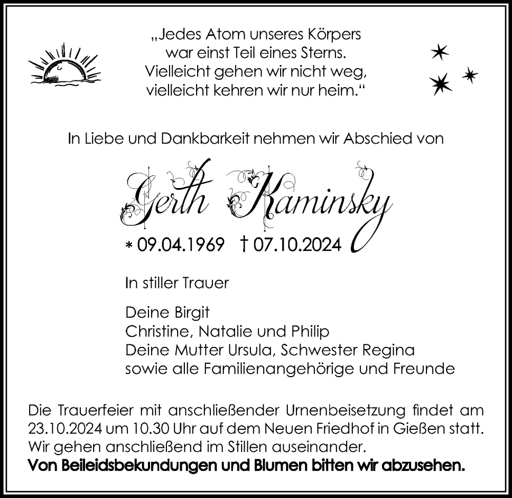  Traueranzeige für Gerth Kaminsky vom 19.10.2024 aus Giessener Allgemeine, Alsfelder Allgemeine
