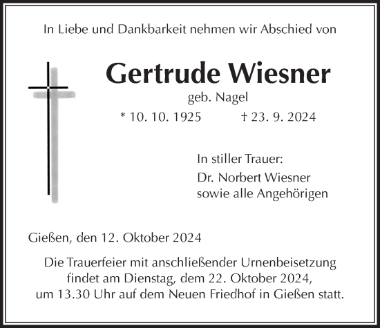 Traueranzeige von Gertrude Wiesner von Giessener Allgemeine, Alsfelder Allgemeine