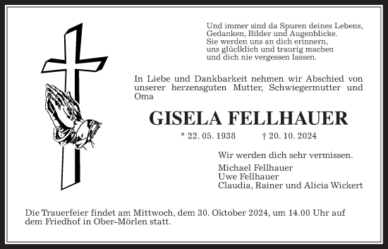 Traueranzeige von Gisela Fellhauer von Wetterauer Zeitung