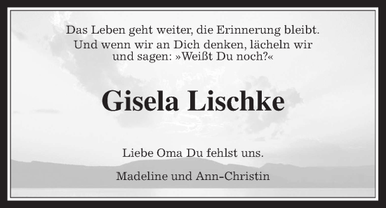 Traueranzeige von Gisela Lischke von Kreis-Anzeiger