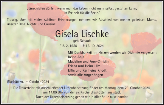 Traueranzeige von Gisela Lischke von Kreis-Anzeiger