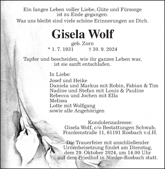 Traueranzeige von Gisela Wolf von Wetterauer Zeitung