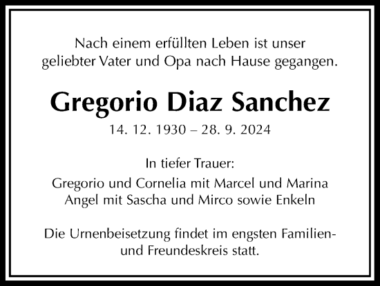 Traueranzeige von Gregorio Diaz Sanchez von Giessener Allgemeine, Alsfelder Allgemeine