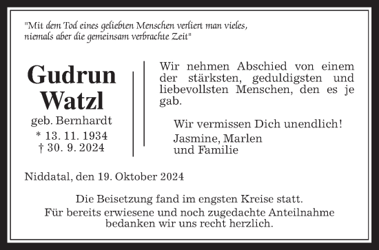 Traueranzeige von Gudrun Watzl von Wetterauer Zeitung