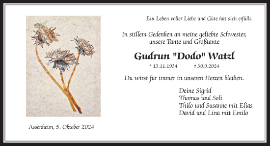 Traueranzeige von Gudrun Watzl von Wetterauer Zeitung