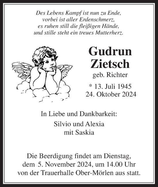 Traueranzeige von Gudrun Zietsch von Wetterauer Zeitung