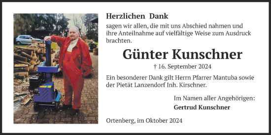 Traueranzeige von Günter Kunschner von Kreis-Anzeiger