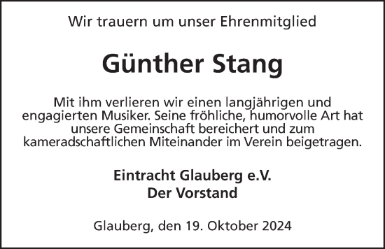 Traueranzeige von Günther Stang von Kreis-Anzeiger