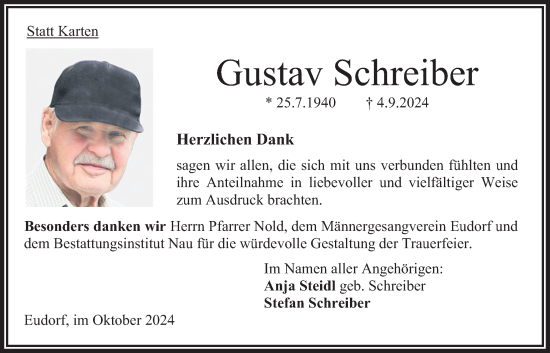 Traueranzeige von Gustav Schreiber von Oberhessische Zeitung
