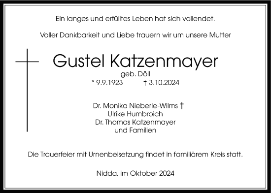 Traueranzeige von Gustel Katzenmayer von Kreis-Anzeiger