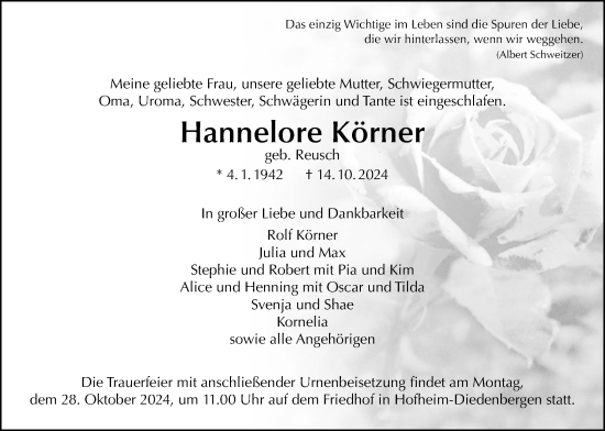 Traueranzeige von Hannelore Körner 