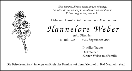 Traueranzeige von Hannelore Weber von Wetterauer Zeitung