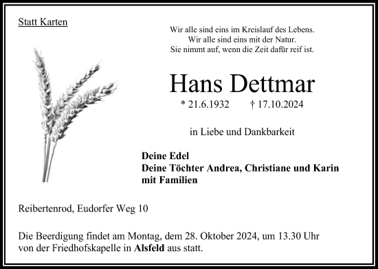 Traueranzeige von Hans Dettmar von Oberhessische Zeitung