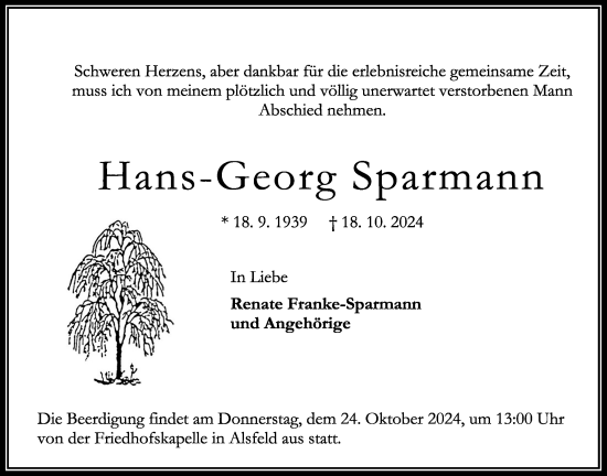 Traueranzeige von Hans-Georg Sparmann von Oberhessische Zeitung