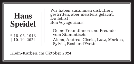 Traueranzeige von Hans Speidel von Wetterauer Zeitung