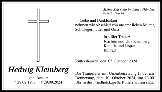 Traueranzeige von Hedwig Kleinberg von Giessener Anzeiger