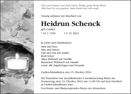 Traueranzeige von Heidrun Schenck von Giessener Allgemeine, Giessener Anzeiger, Alsfelder Allgemeine