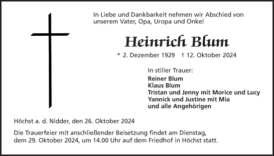 Traueranzeige von Heinrich Blum von Kreis-Anzeiger