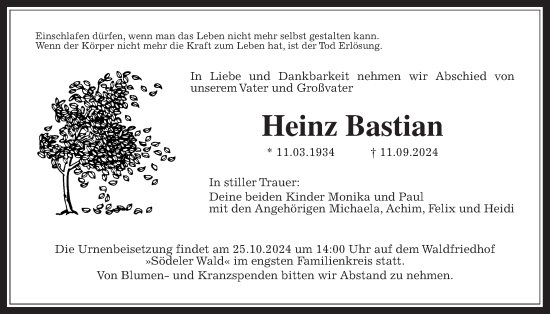 Traueranzeige von Heinz Bastian von Wetterauer Zeitung