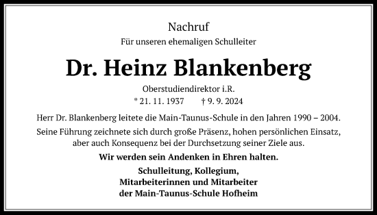 Traueranzeige von Heinz Blankenberg 