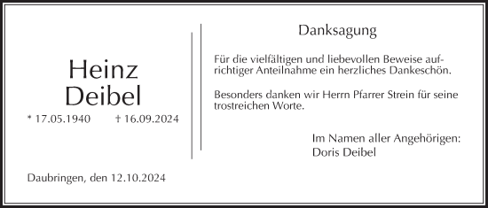 Traueranzeige von Heinz Deibel von Giessener Allgemeine, Alsfelder Allgemeine